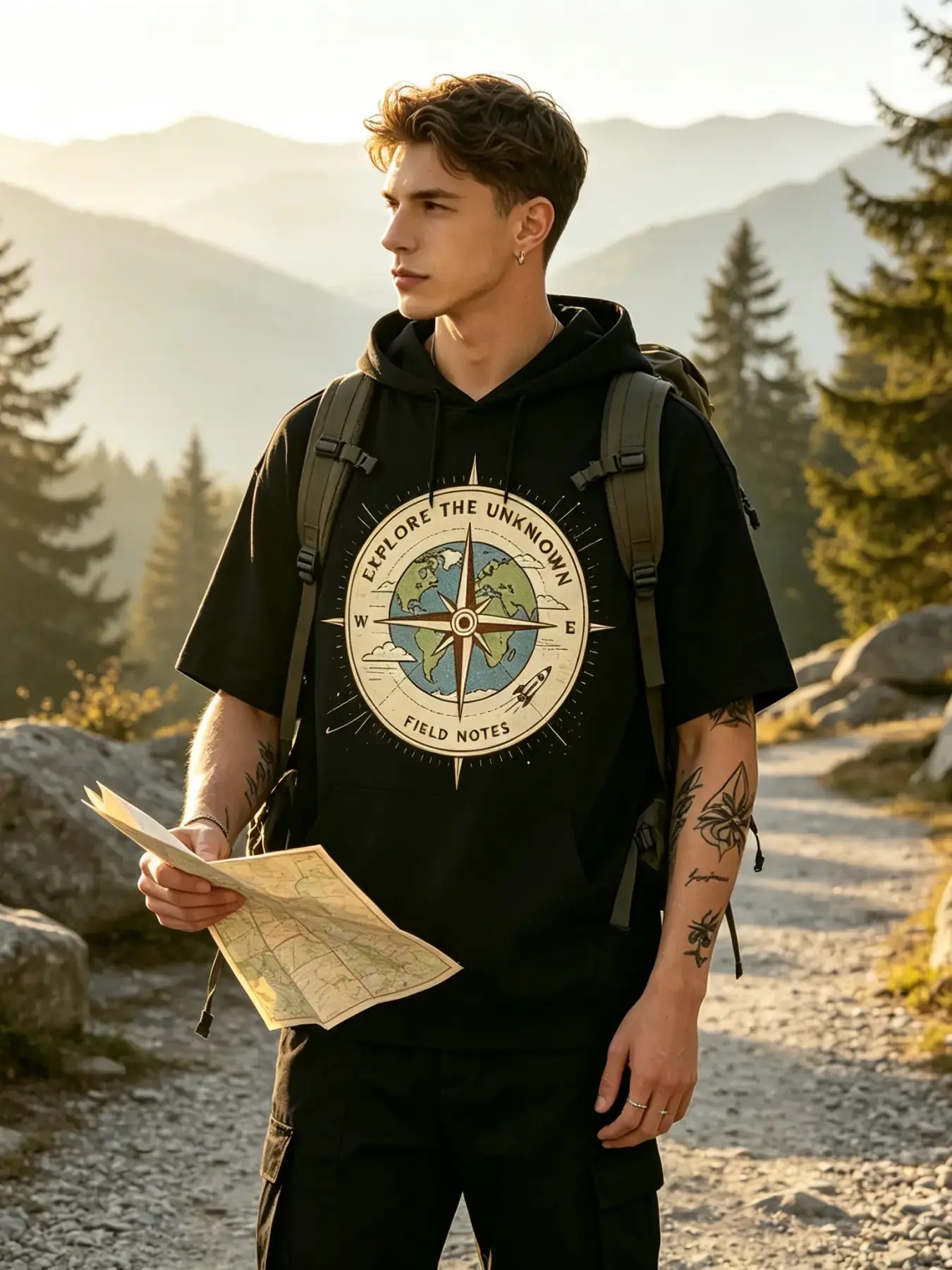 Outdoor Adventure World - Men's Short Sleeve Hooded T-Shirt, Explore